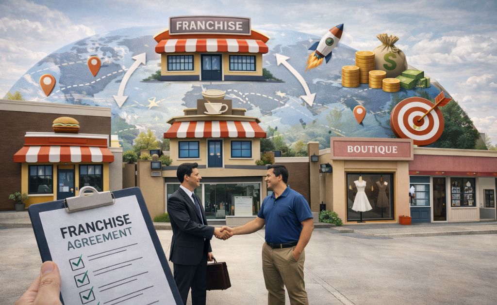 Franchise business model illustration showing franchise agreement, investment growth, and multiple store expansion