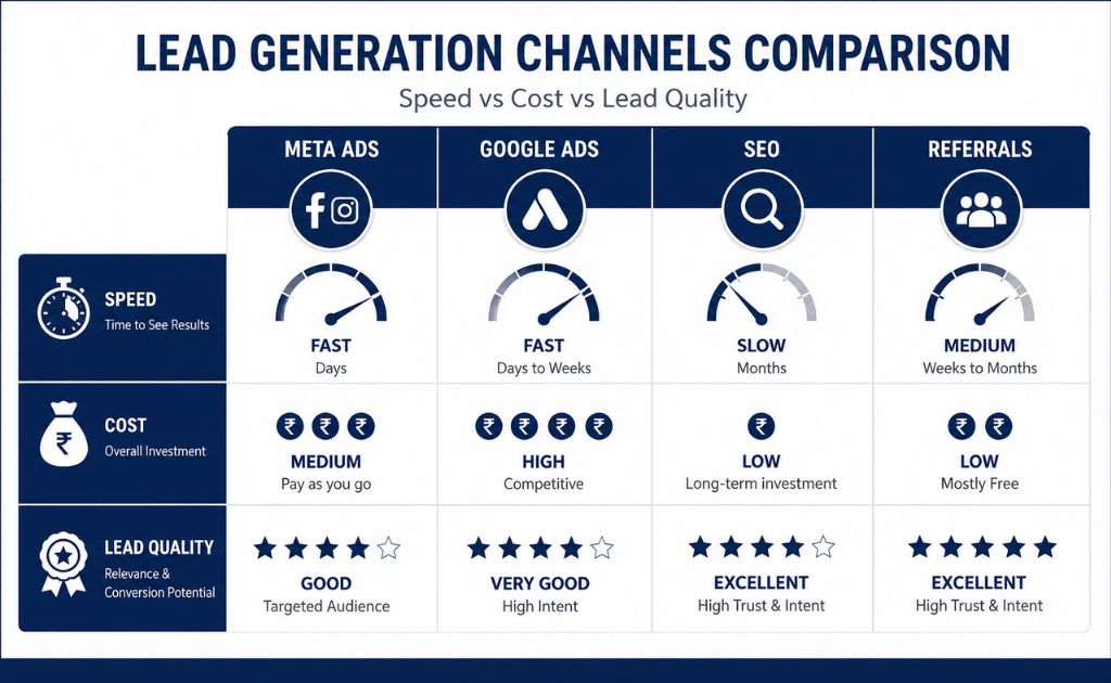 Comparison of lead generation channels for Chennai businesses – Google Ads, Meta ads, SEO and LinkedIn
