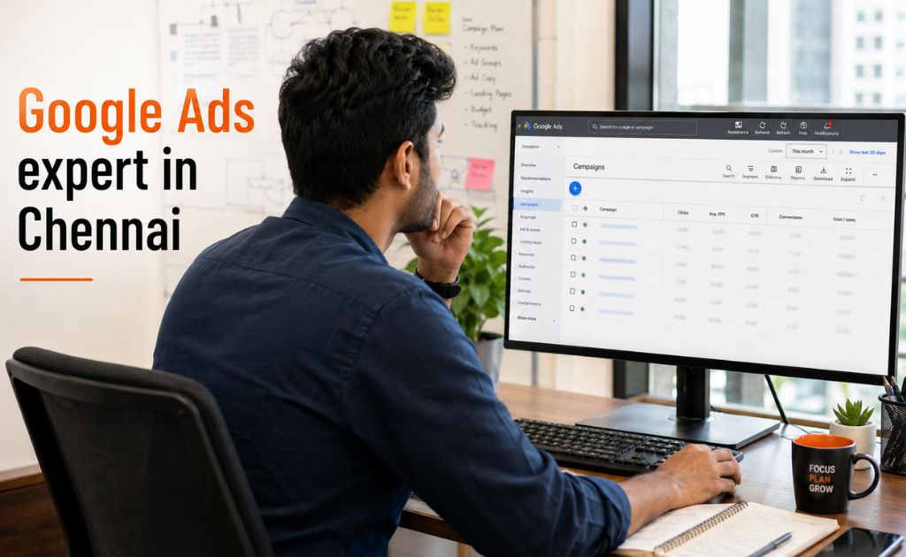 Google Ads expert in Chennai reviewing campaign performance metrics on a dashboard