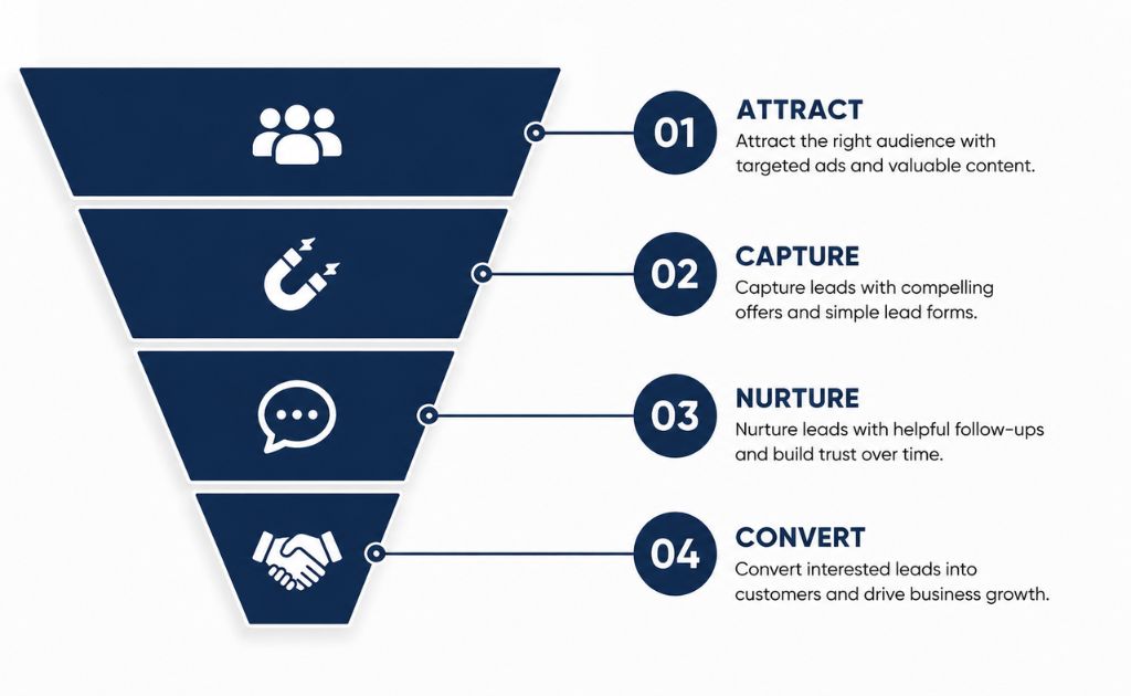 Lead generation funnel showing four stages: targeting, offer, capture and follow-up