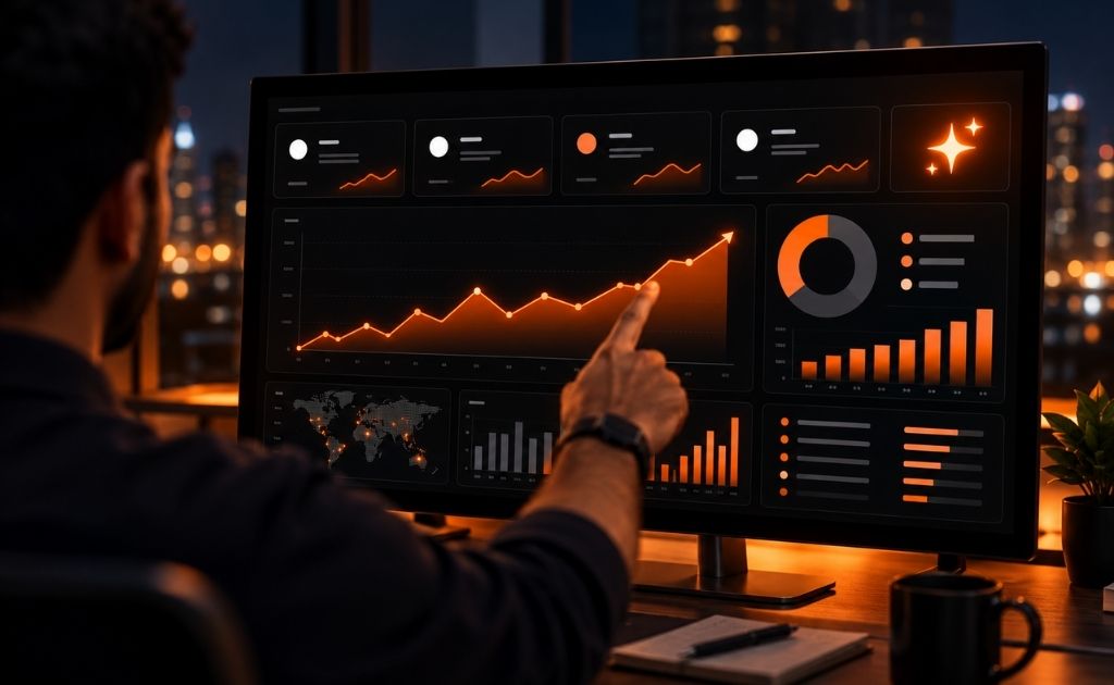 AI marketing analytics dashboard showing leads, cost per lead and campaign ROI trends