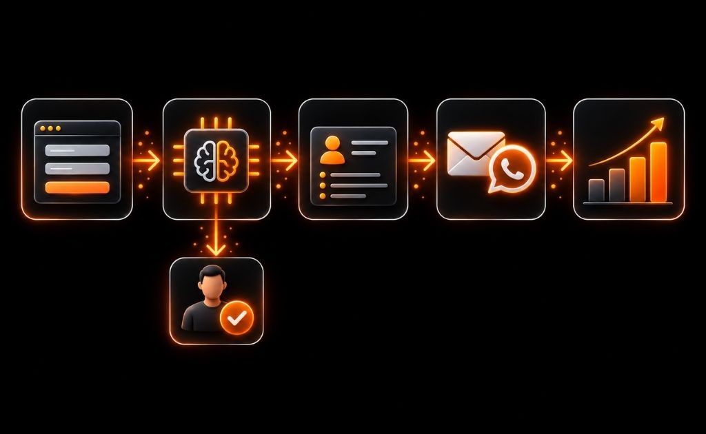 AI marketing automation workflow connecting lead capture, CRM, email follow-up and reporting