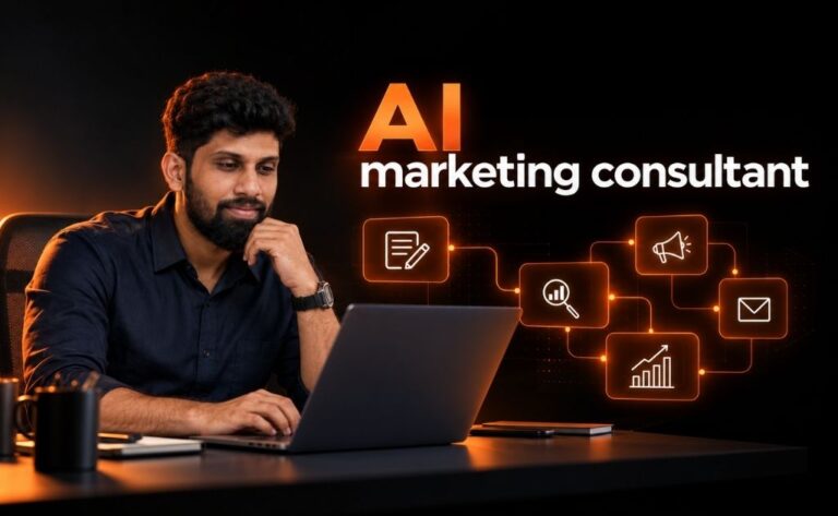 AI marketing consultant in Chennai planning an AI-powered marketing system on a laptop