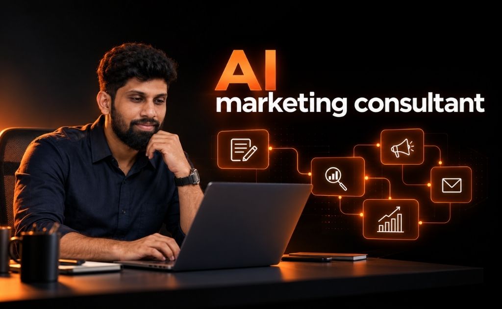 AI marketing consultant in Chennai planning an AI-powered marketing system on a laptop