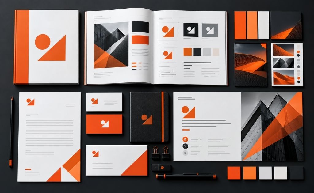 Corporate brand identity system showing logo variations, colour palette, typography and brand guidelines