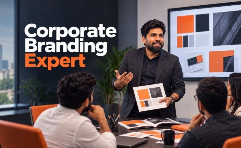 Corporate branding expert in Chennai reviewing a brand identity system with a business leadership team