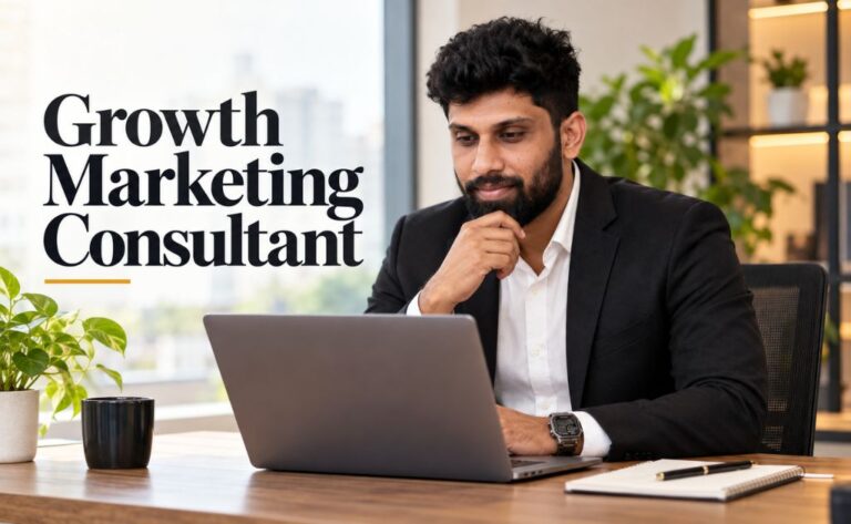 Marketing strategist reviewing traffic, conversion and revenue trend charts on a laptop in a bright office