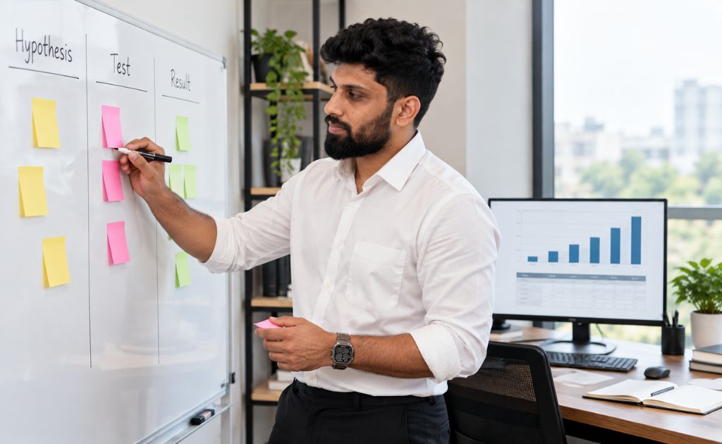 Growth Marketing Consultant reviewing a simple experiment planning board with hypothesis, test and result columns next to an analytics dashboard