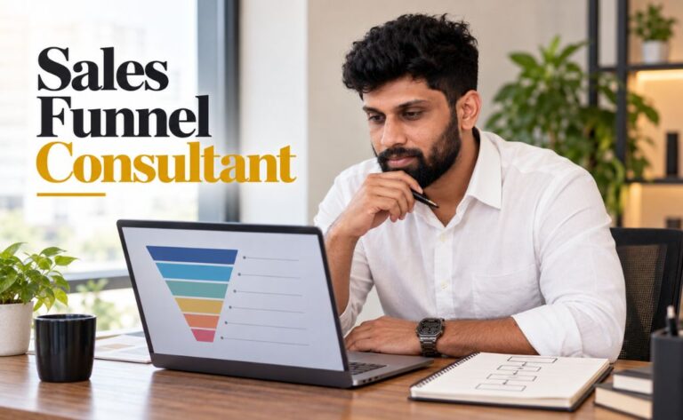 Consultant reviewing a sales funnel chart on a laptop with a hand-drawn stage flow in a notebook